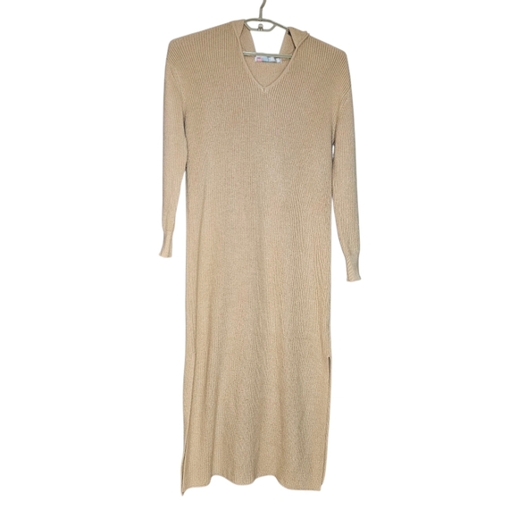 Free People Beach Claudia Midi Sweater Dress Camel Brown Tan Chunky Hooded Small - Picture 1 of 9